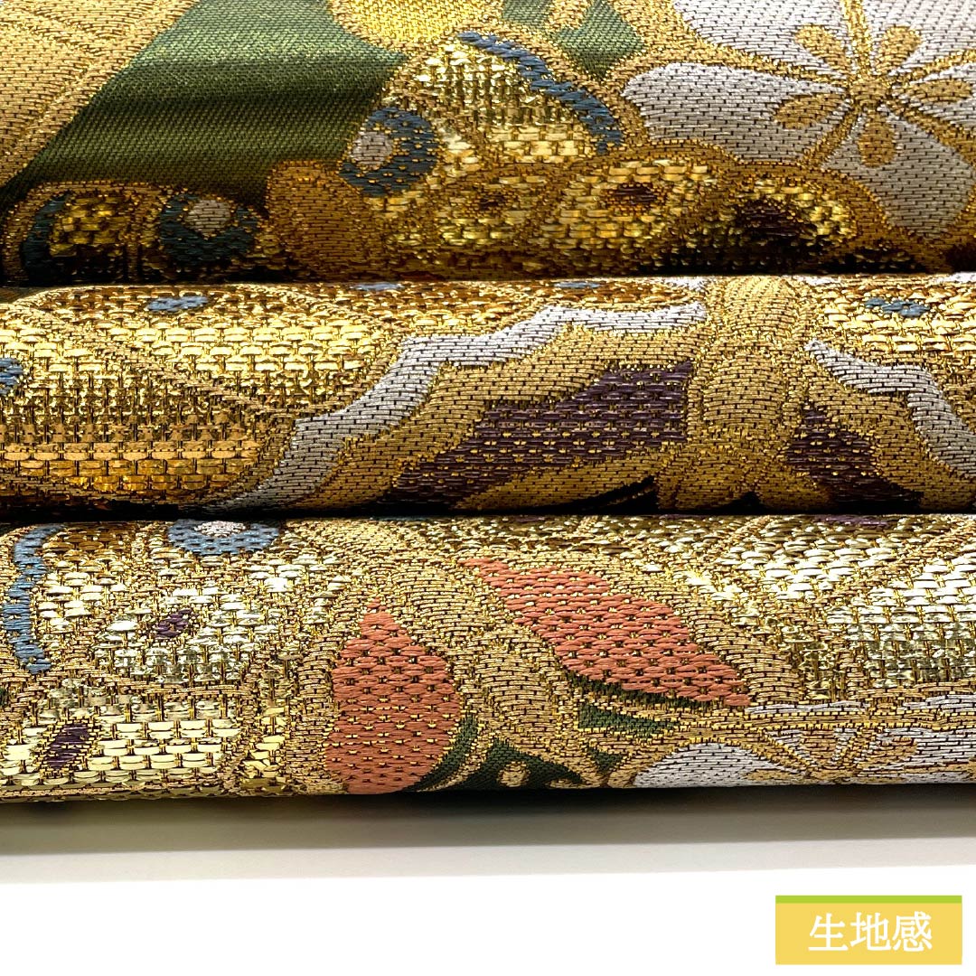 袋帯 正絹 織部色(おりべいろ) 振袖用 蝶 松竹梅 桜 帯丈428cm Sランク 六通 フォーマル 緑系 1123013392319