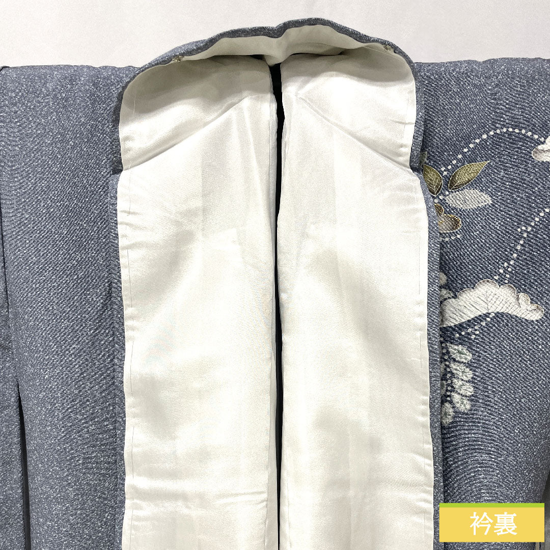 訪問着 正絹 袷 身丈155cm 裄丈63.5cm 青袋鼠色(せいたいねずいろ) 辻ヶ花 タタキ染 一つ紋 花紋 Sランク グレー系 1112005142322