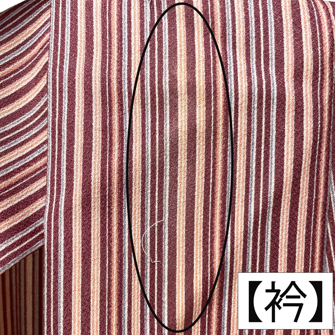 小紋 ポリエステル Sランク 身丈163.5cm 裄丈64.5cm 単衣 蘇芳色(すおういろ) 洗える着物 縞 紫系 1115008132420