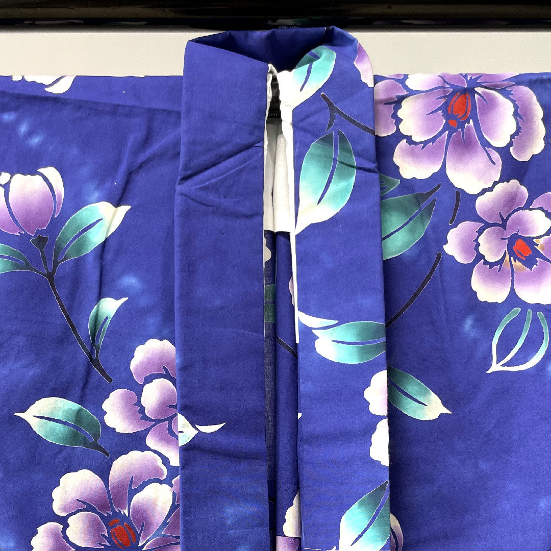浴衣 青紫色 草花模様 木綿 Aランク 単衣 身丈164cm 裄丈70cm 紫系 1118001723420