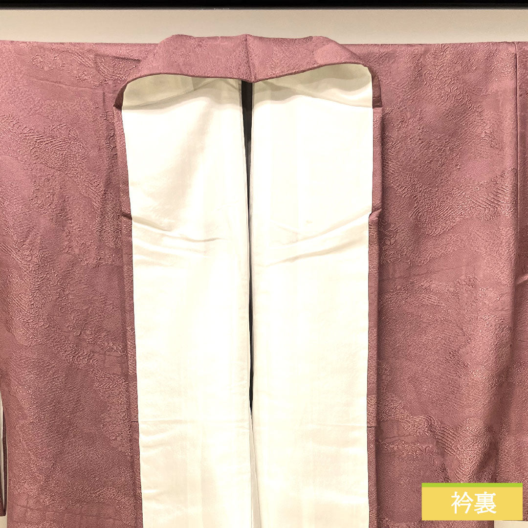 Plain color, pure silk, length 157.5cm, sleeve length 64cm, red obi (taikoshoku), Michinaga pattern, plum blossom, lined, S rank, purple, 1114001422320