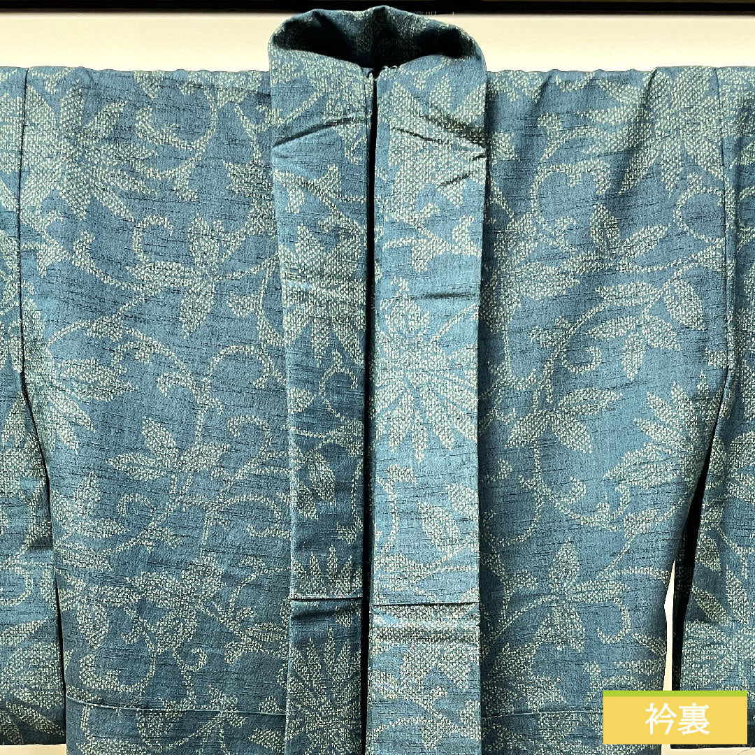 紬 正絹 身丈158cm 裄丈62.5cm 高麗納戸色 草花模様 胴抜き仕立 Sランク 胴抜き 緑系 1116002922319