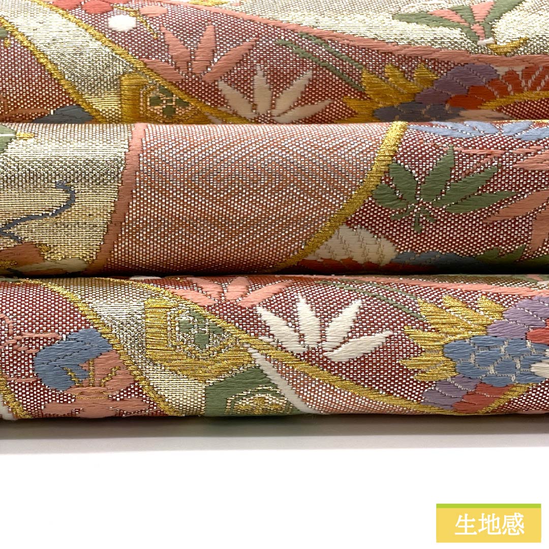Fukuro Obi, pure silk, Shinonome color, Saga Nishiki, bundled noshi, treasure design, flower arabesque, obi length 472cm, S rank, six-way, formal, pink, 1123013482413