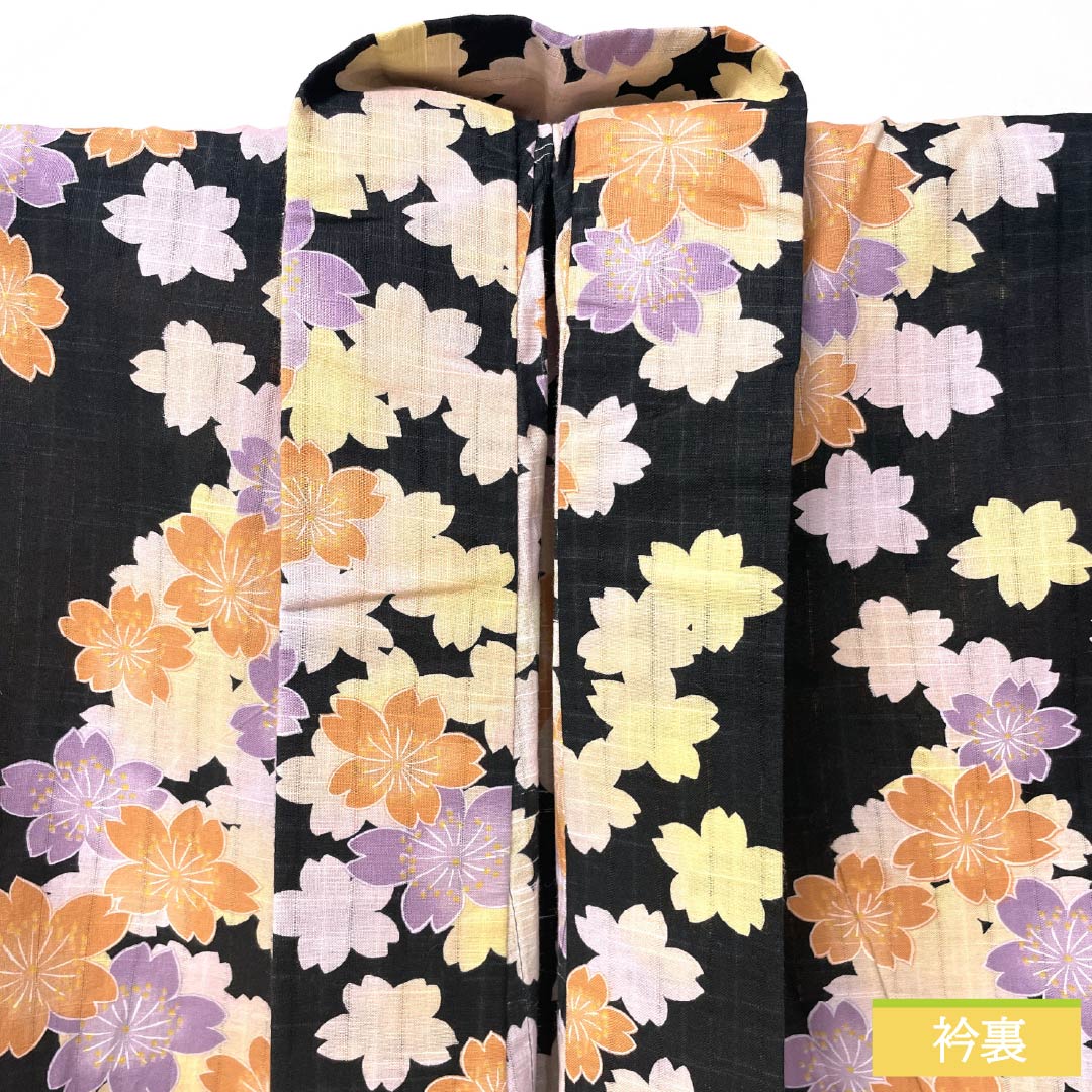 浴衣 木綿 身丈163.5cm 裄丈66.5cm Aランク 単衣 黒系 EASTBOY 桜 1118005323410