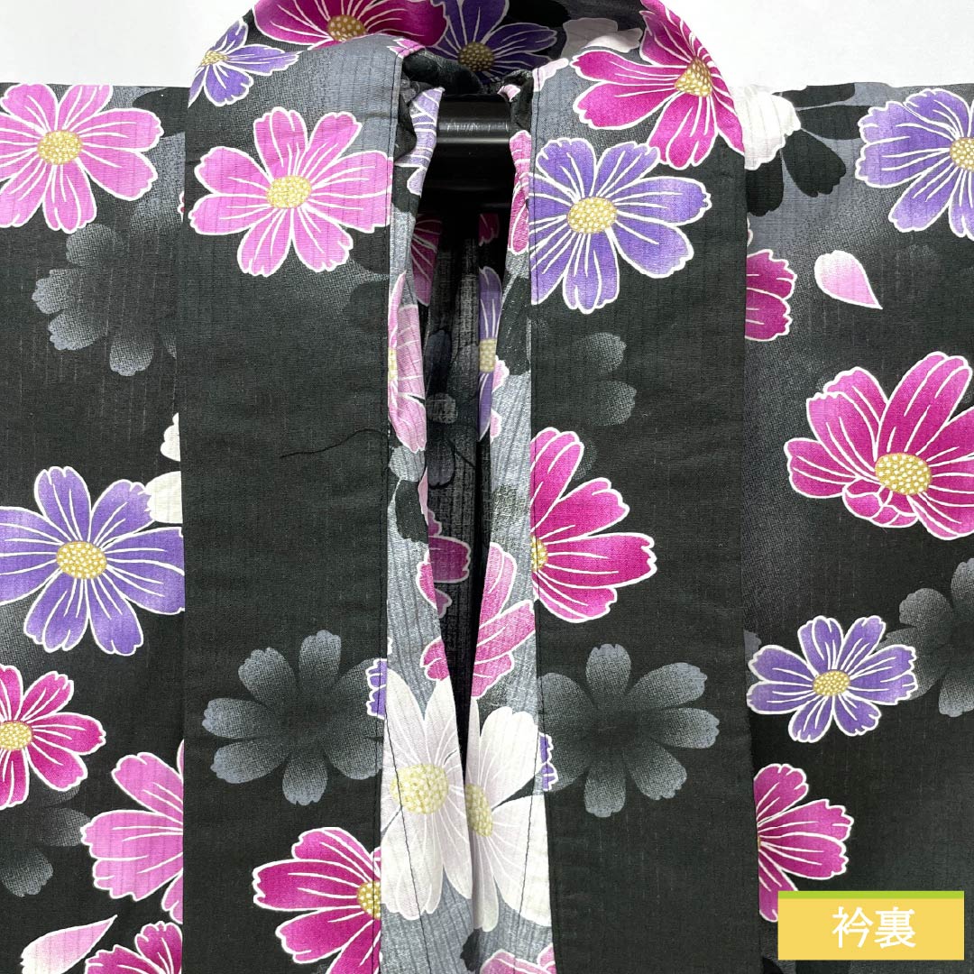 浴衣 木綿 身丈165cm 裄丈67cm Aランク 単衣 黒系 秋桜 1118006183510