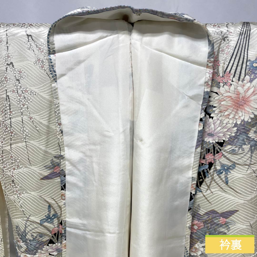 Komon (small pattern) kimono, pure silk, A-rank, length 157.5cm, sleeve length 65.5cm, lined, off-white, fan-shaped floral pattern, white, product number 1115006693311
