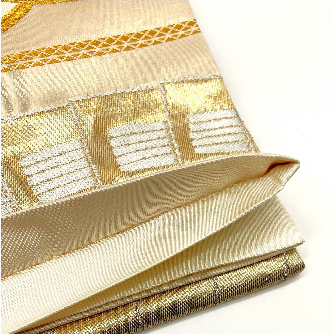 袋帯 生成り色(きなりいろ) 古典梅 吉祥文様 扇面 帯丈442cm 正絹 Sランク 六通 フォーマル クリーム系 1123002762315