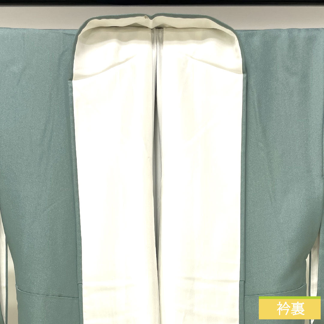 Homongi, pure silk, lined, length 156cm, sleeve length 65.5cm, rust celadon color, Kyo-Yuzen, auspicious pattern, A rank, green, 1112003673319