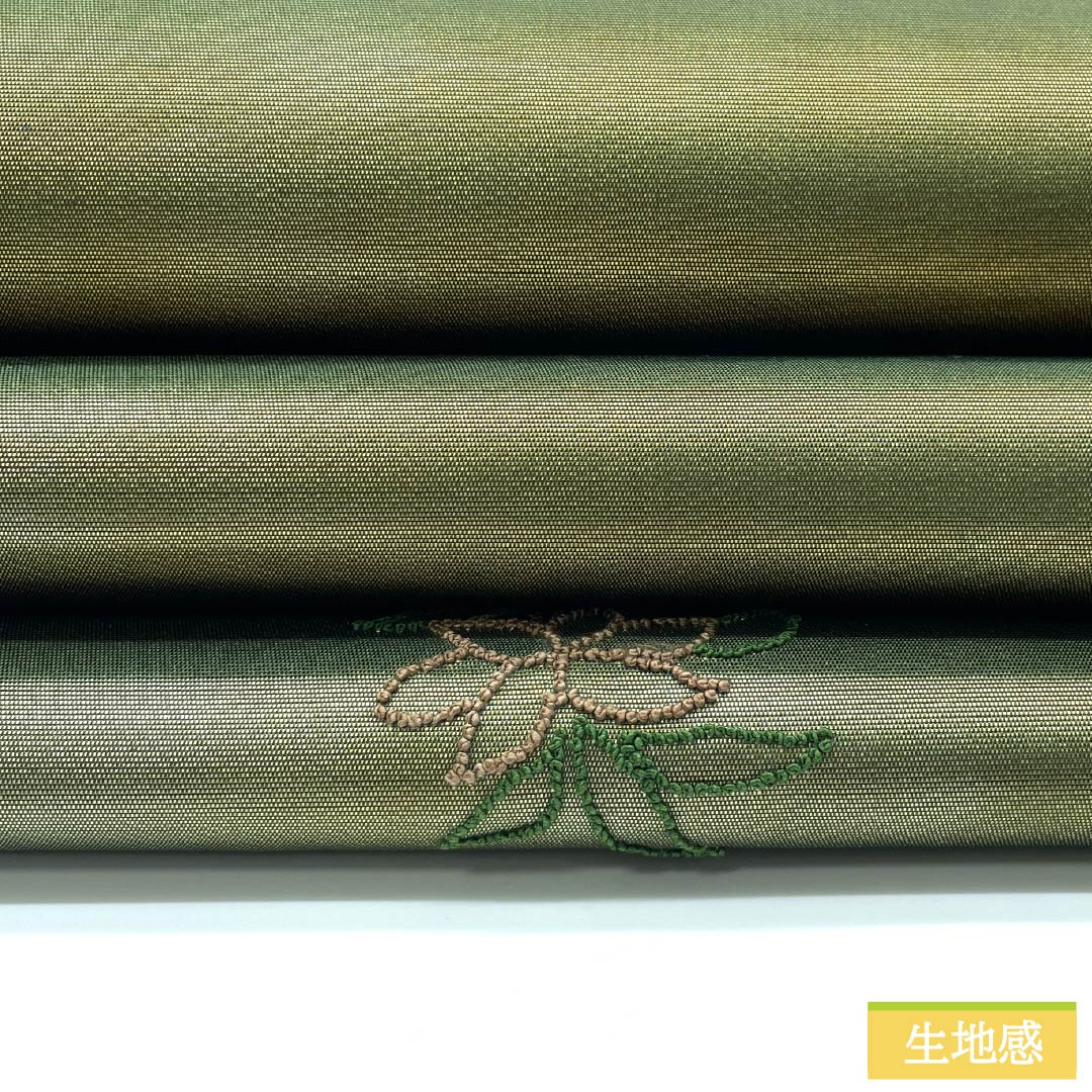 袋帯 正絹 島松鼠色(しままつねずいろ) 相良刺繡 欧風文様 帯丈436cm Sランク ポイント柄 カジュアル 緑系 1123012762319