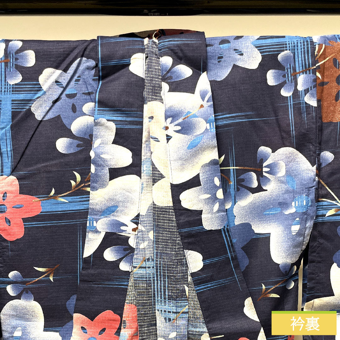 Yukata Cotton Length 163.5cm Sleeve length 65.5cm S rank Single layer Navy Deep navy (noukon-iro) Cherry blossom 1118004852418