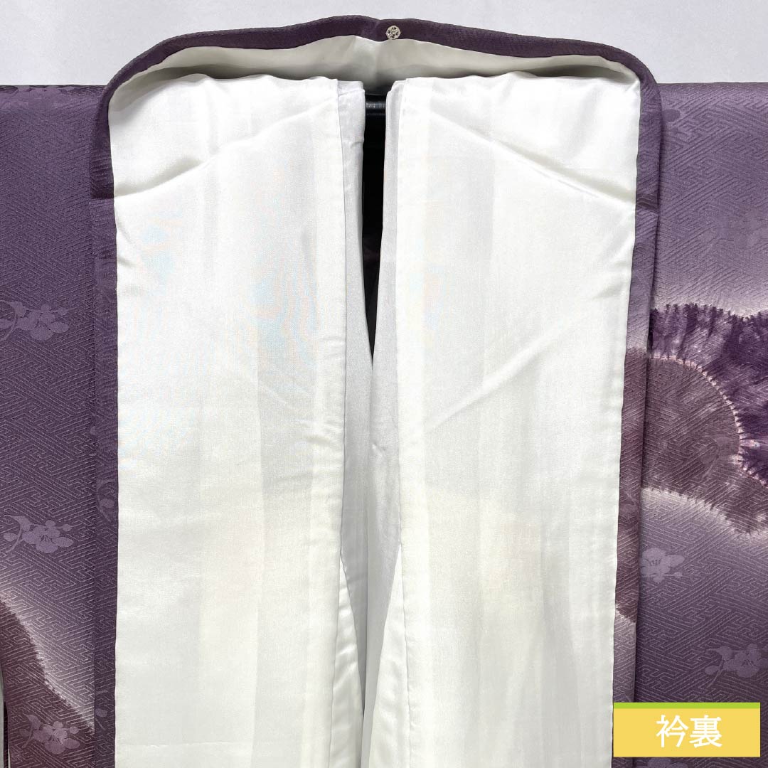 Visiting Kimono, Pure Silk, Grade A, Lined, Length 156.5cm, Sleeve Length 63cm, Ancient Purple (Kodai Murasaki Iro), Shibori Pattern, Snow Circle, Camellia, Sayagata Pattern, Purple, Item Number: 1112007063320
