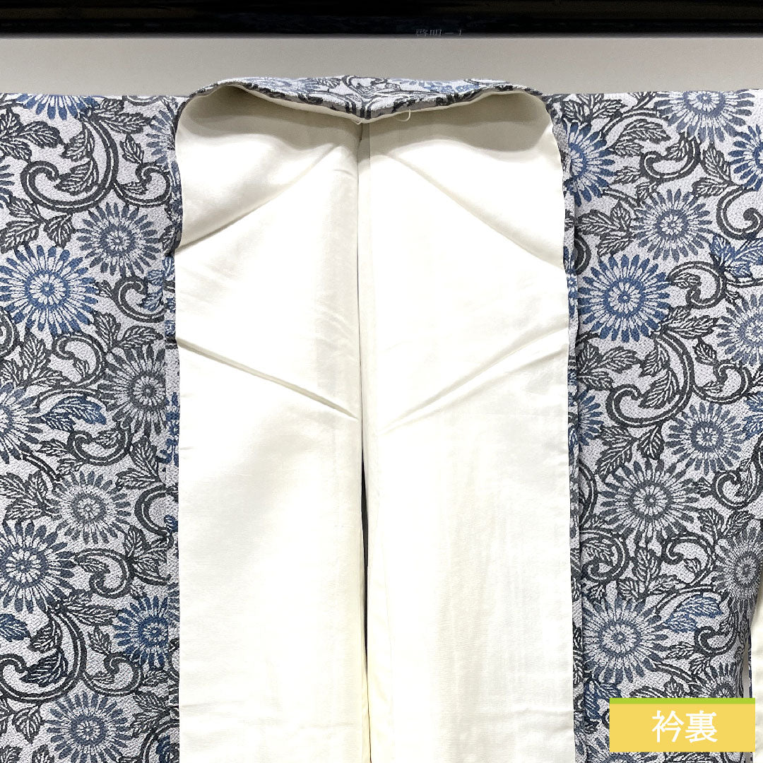 小紋 正絹 身丈172cm 裄丈64cm 袷 白銅色 京紅型 菊 Sランク グレー系 1115003572622