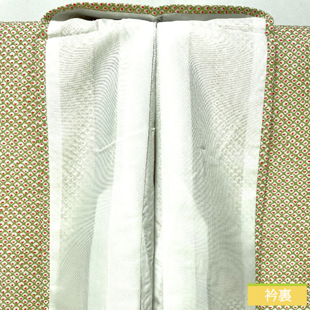 小紋 ポリエステル 身丈167cm 裄丈68cm 袷 浅藍色(あさきあいいろ) 洗える着物 染め疋田 しつけ糸付き 未使用品 Sランク 緑系 1115004792519