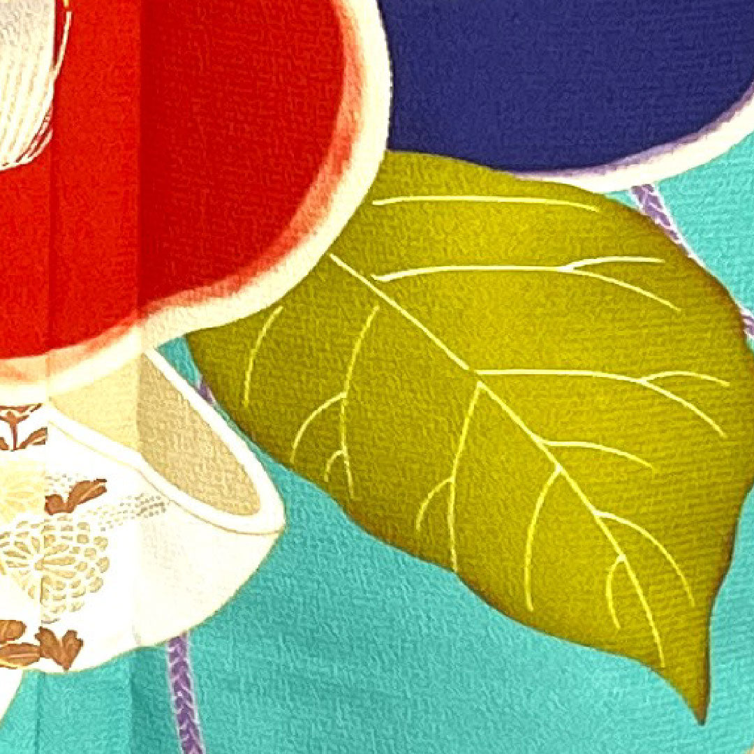 Long-sleeved kimono, length 176cm, sleeve length 70cm, lined, floral greenish blue, washable kimono, camellia, poly, S rank, blue, 1113001402817