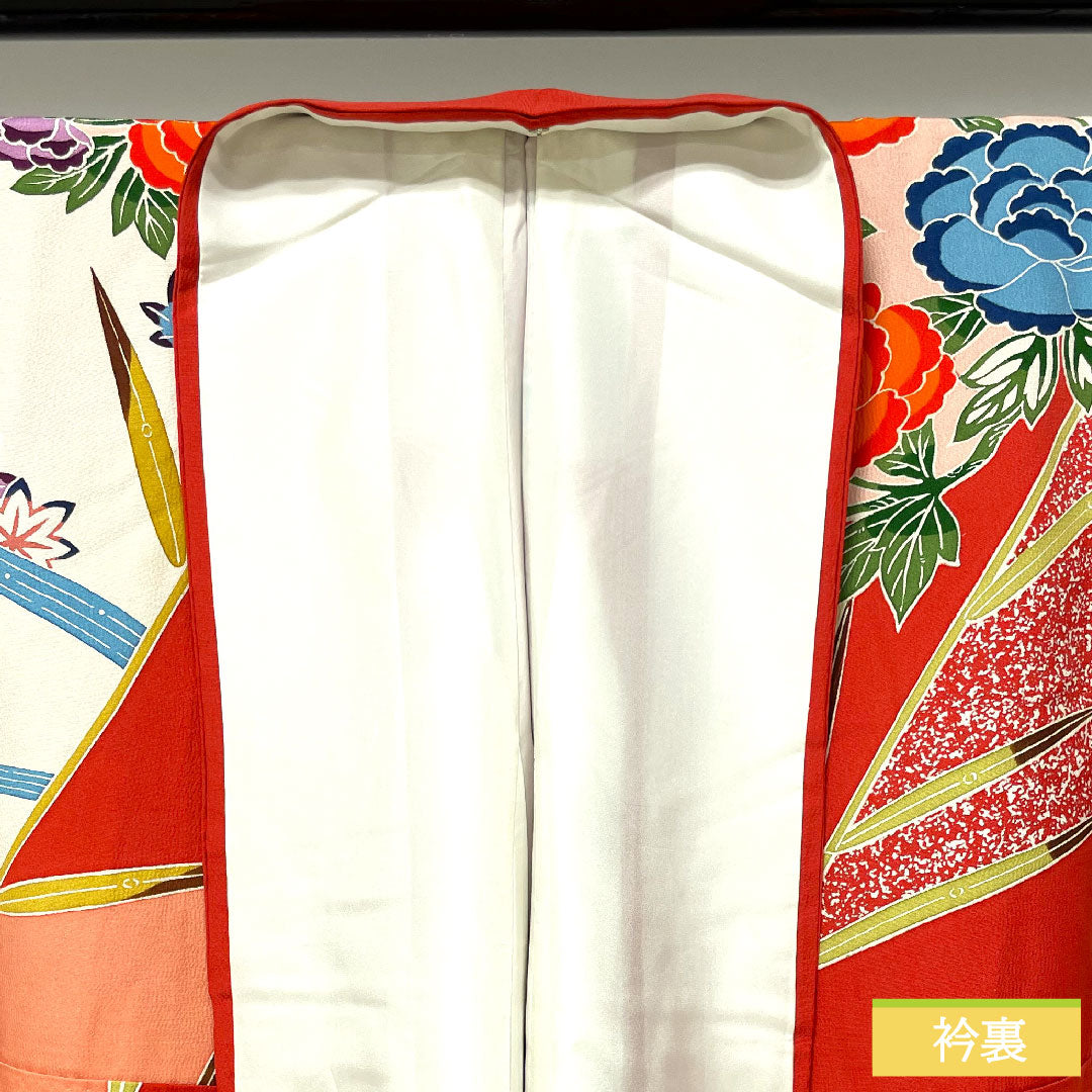 Furisode (long-sleeved kimono) made of pure silk, length 161.5cm, sleeve length 62.5cm, lined, old Turkish red, auspicious motif, A rank, red, 1113002023412