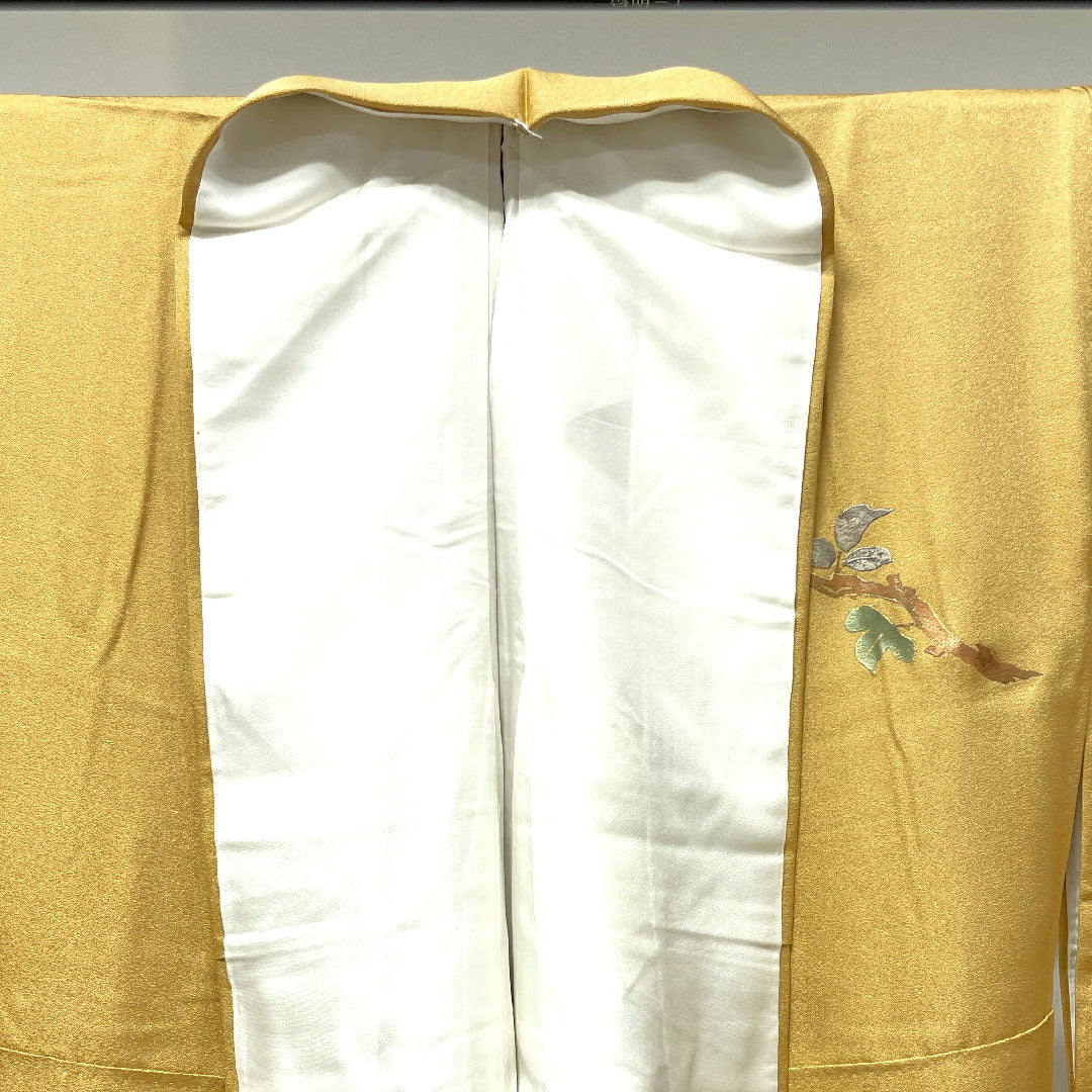 Homongi, pure silk, lined, length 147cm, sleeve length 63cm, light tangerine color, gold leaf finish, floral pattern, S rank, yellow, 1112003092123