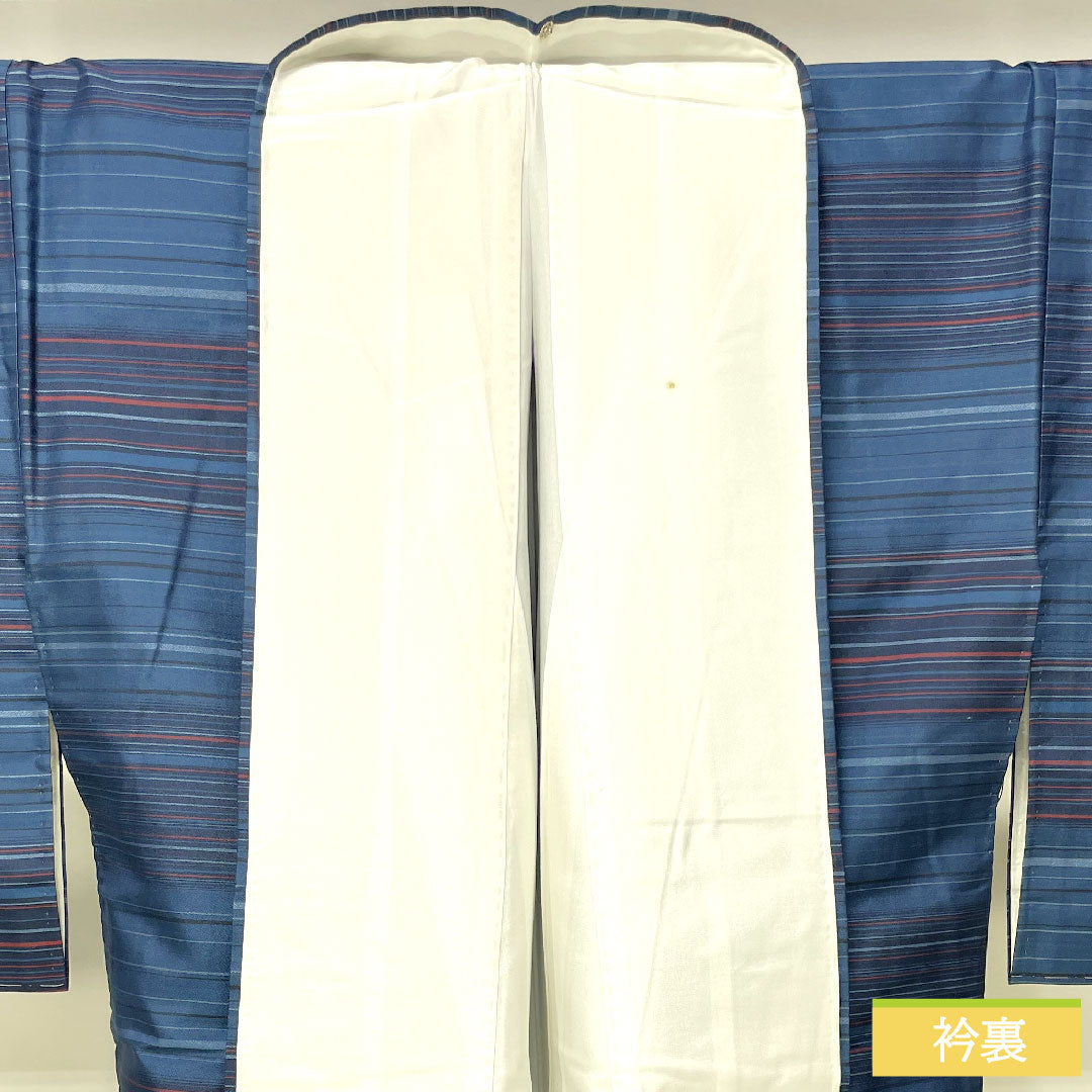 紬 正絹 身丈160cm 裄丈66cm 熨斗目花色(のしめはないろ) 縞大島 しつけ糸付き Aランク 袷 青系 1116003643417