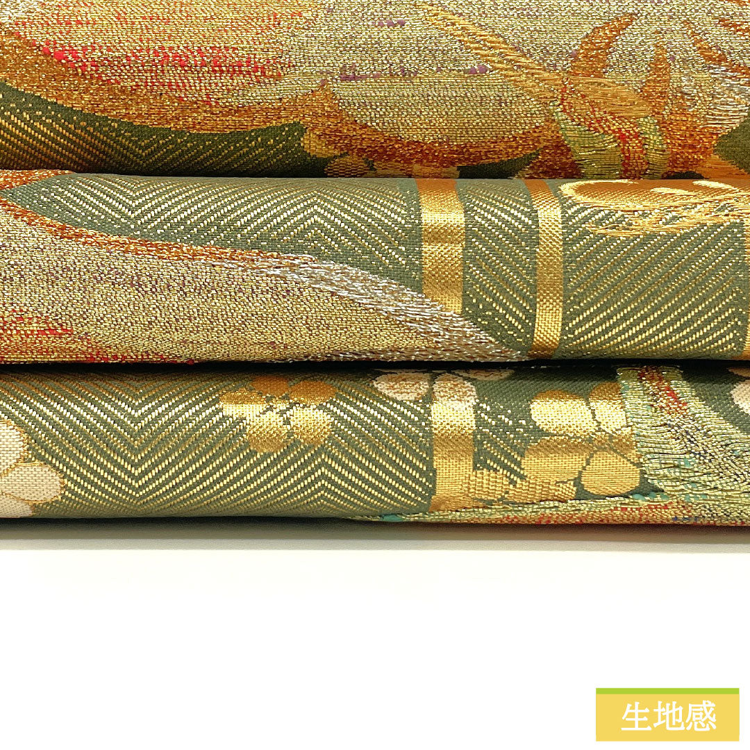 袋帯 正絹 Sランク 鶴 振袖用 松竹梅 帯丈436cm 六通 フォーマル 緑系 1123016502319