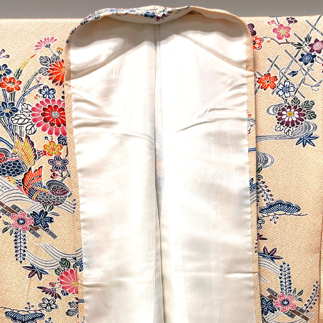 小紋 身丈163cm 裄丈66cm 袷 しつけ糸付き 未使用品 薄橙色 京紅型 吉祥文様 鴛鴦 正絹 Sランク ピンク系 1115003452413