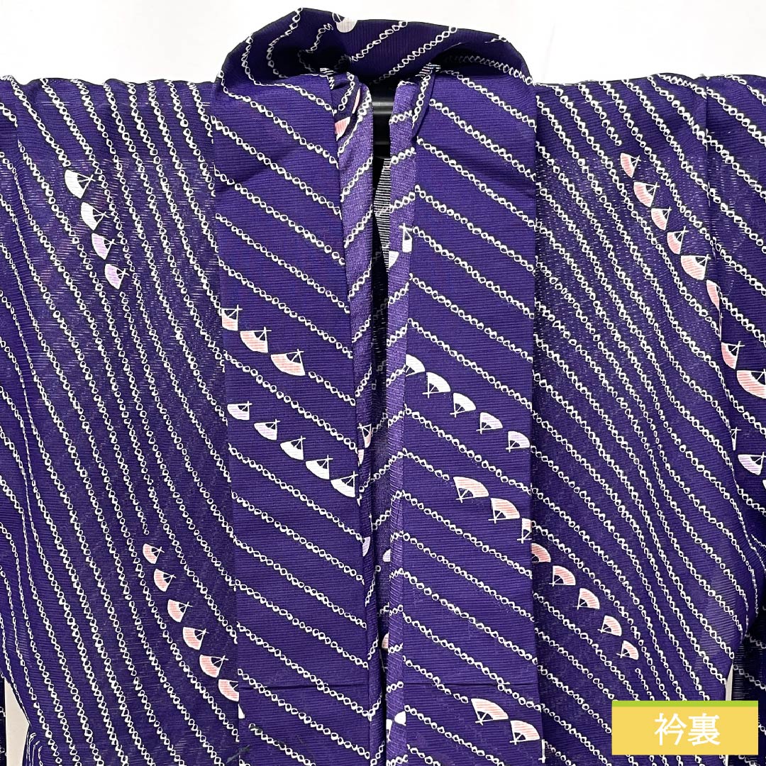 夏物 ポリエステル 小紋 身丈160.5cm 裄丈65cm 菫色(すみれいろ) 扇面 洗える着物 絽 Aランク 紫系 1132002543420