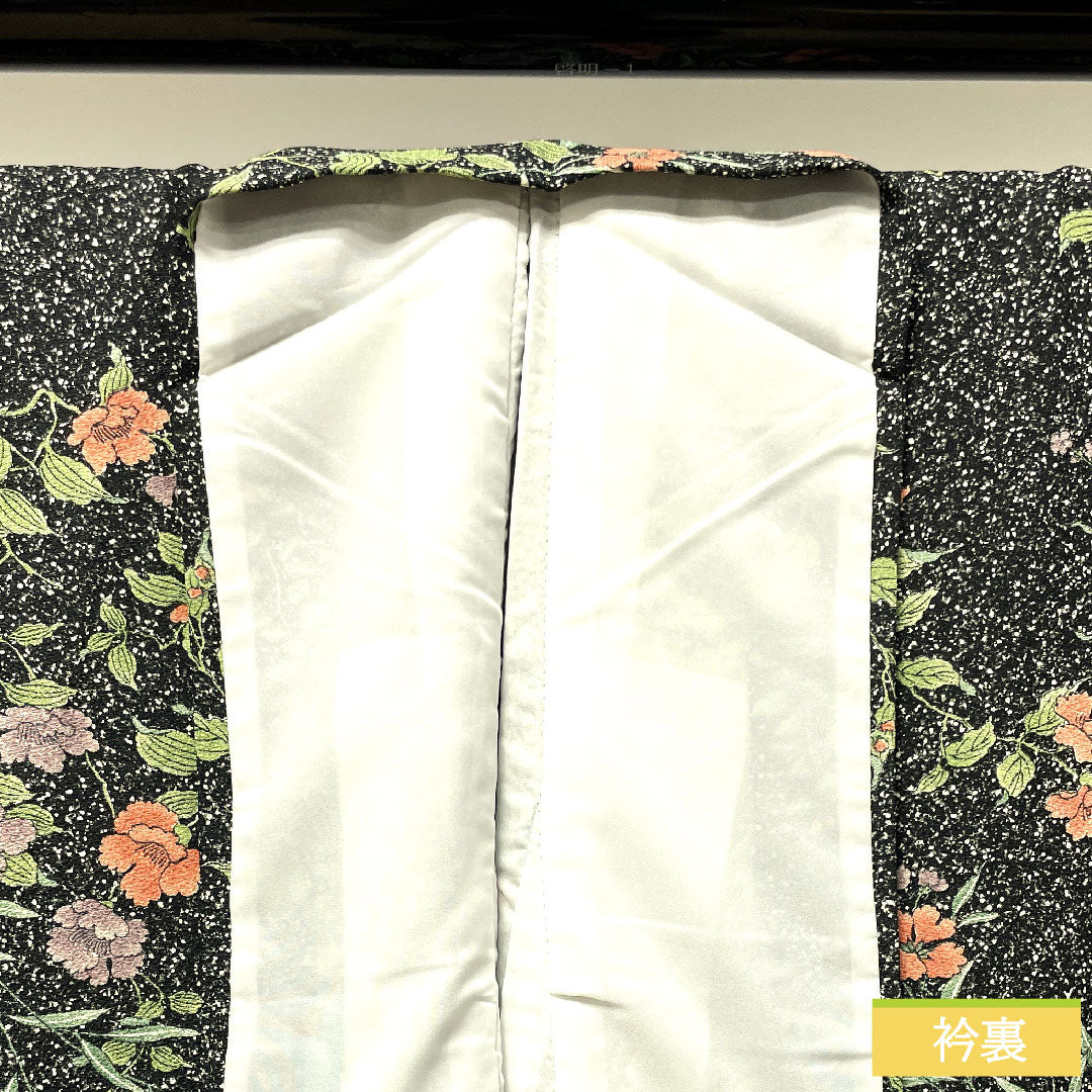 Small pattern, polyester, length 166cm, sleeve length 67cm, lined, washable kimono, floral pattern, taped dyeing, with basting thread, S rank, black, 1115003982510