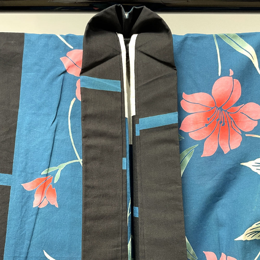 浴衣 納戸色 百合 木綿 Aランク 単衣 身丈162.5cm 裄丈65.5cm 青系 1118003563417