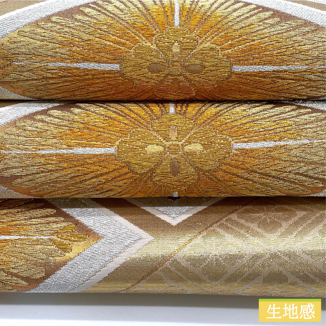 袋帯 砥粉色(とのこいろ) 花菱 帯丈418cm 正絹 Aランク 六通 フォーマル 金系 1123010013321