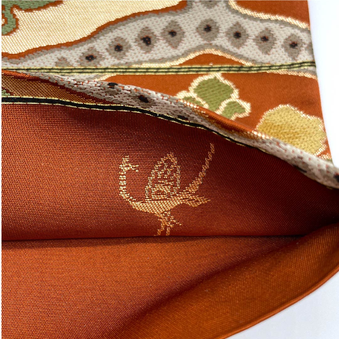 Fukuro Obi (Sash) in Shoujo Chairo (Scarlet Brown) with Floral Pattern, Tortoise Shell, Shirayaen Oba, Length 420cm, Pure Silk, A Rank, Six-Pass, Formal, Orange, 1123008893326