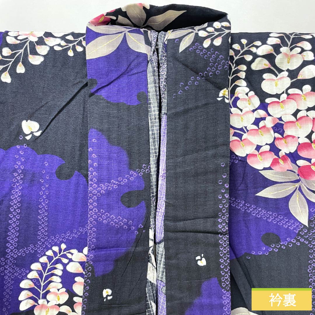 Yukata Cotton Length 161.5cm Sleeve length 66cm S rank Single layer Black Snowflake Wisteria 1118005392410