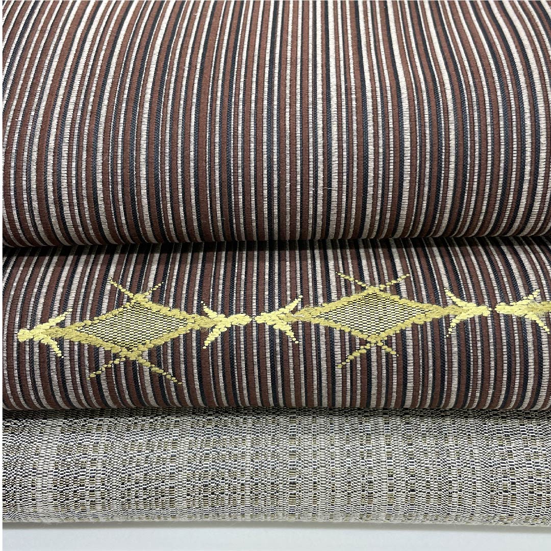 袋帯 鉄黒色(てつぐろいろ) 幾何学模様 チェック 帯丈439.5cm 正絹 Sランク ポイント柄 カジュアル 茶系 1123009292314