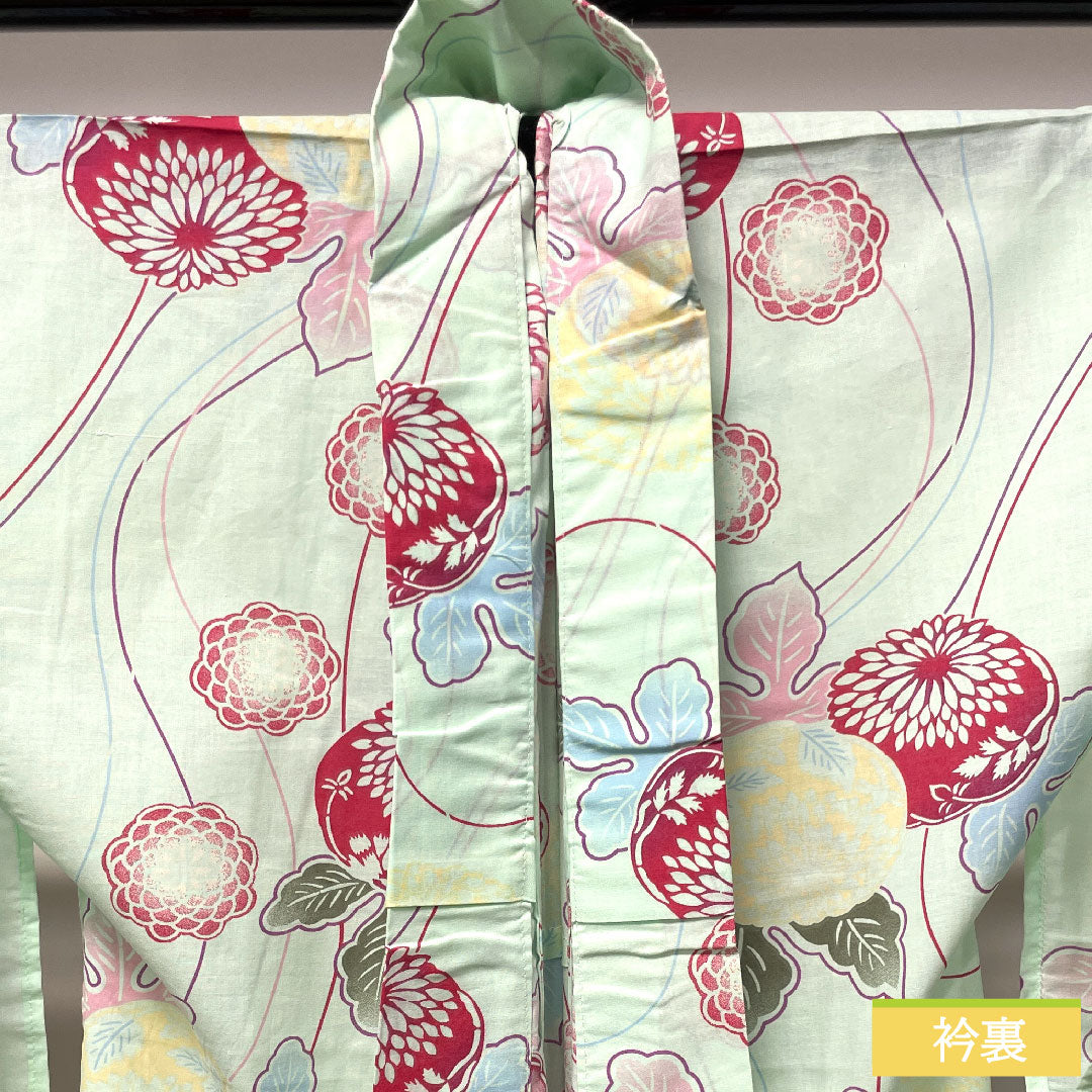 Yukata Cotton Length 167.5cm Sleeve length 66.5cm S rank Single layer Greenish white-green Abstract flower 1118004632519