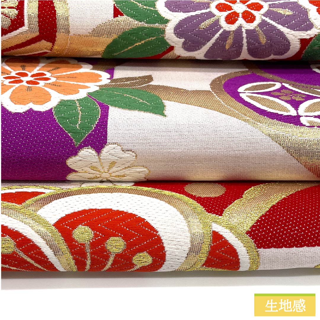 袋帯 正絹 白梅鼠色(しらうめねずいろ) ねじり梅 露草 桜 市松 帯丈440cm Sランク 六通 フォーマル 白系 1123011672311