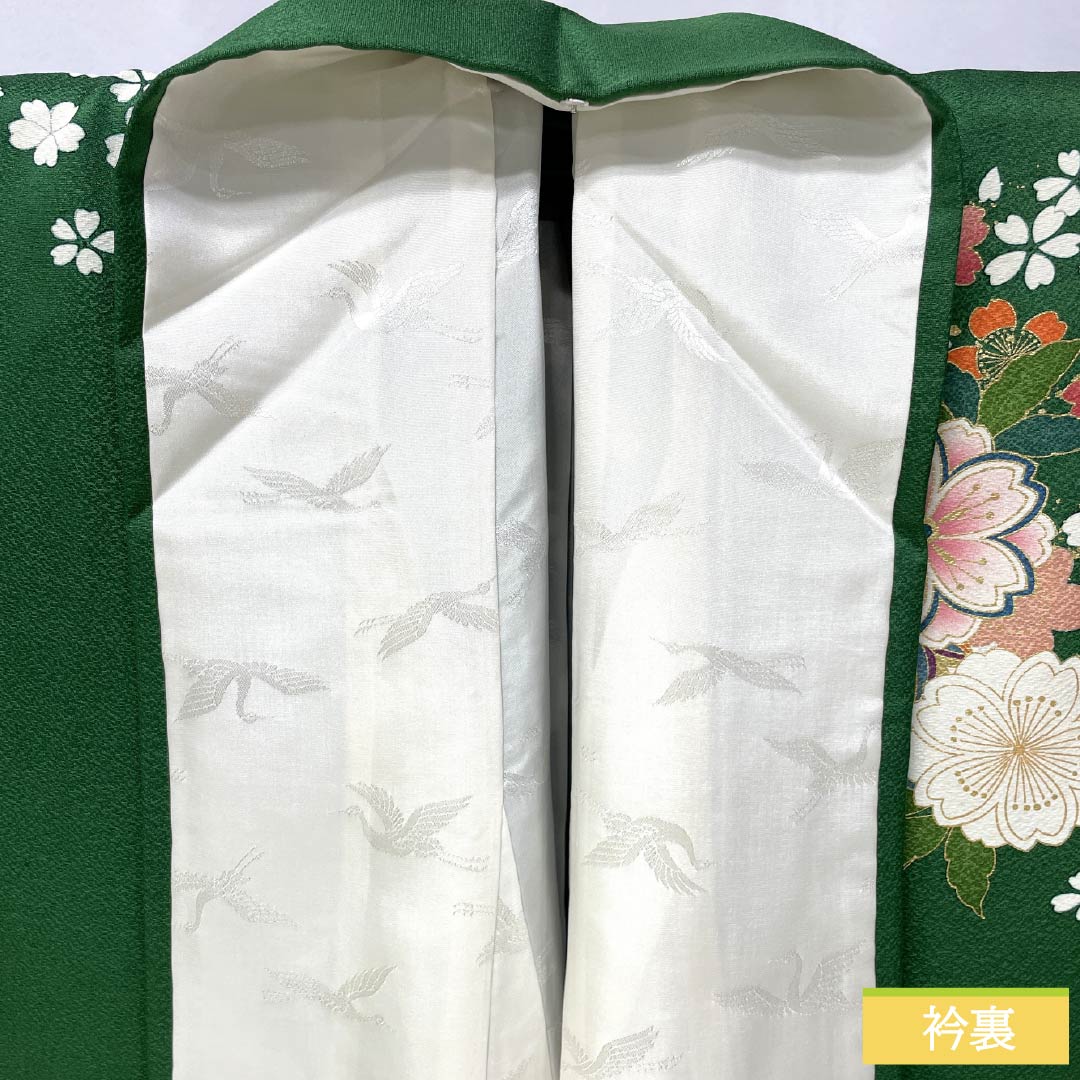 振袖 正絹 Sランク 身丈153cm 裄丈62.5cm 袷 緑茶色(りょくちゃいろ) 京友禅 桜 草花 パールトーン加工 緑系 1113002142219
