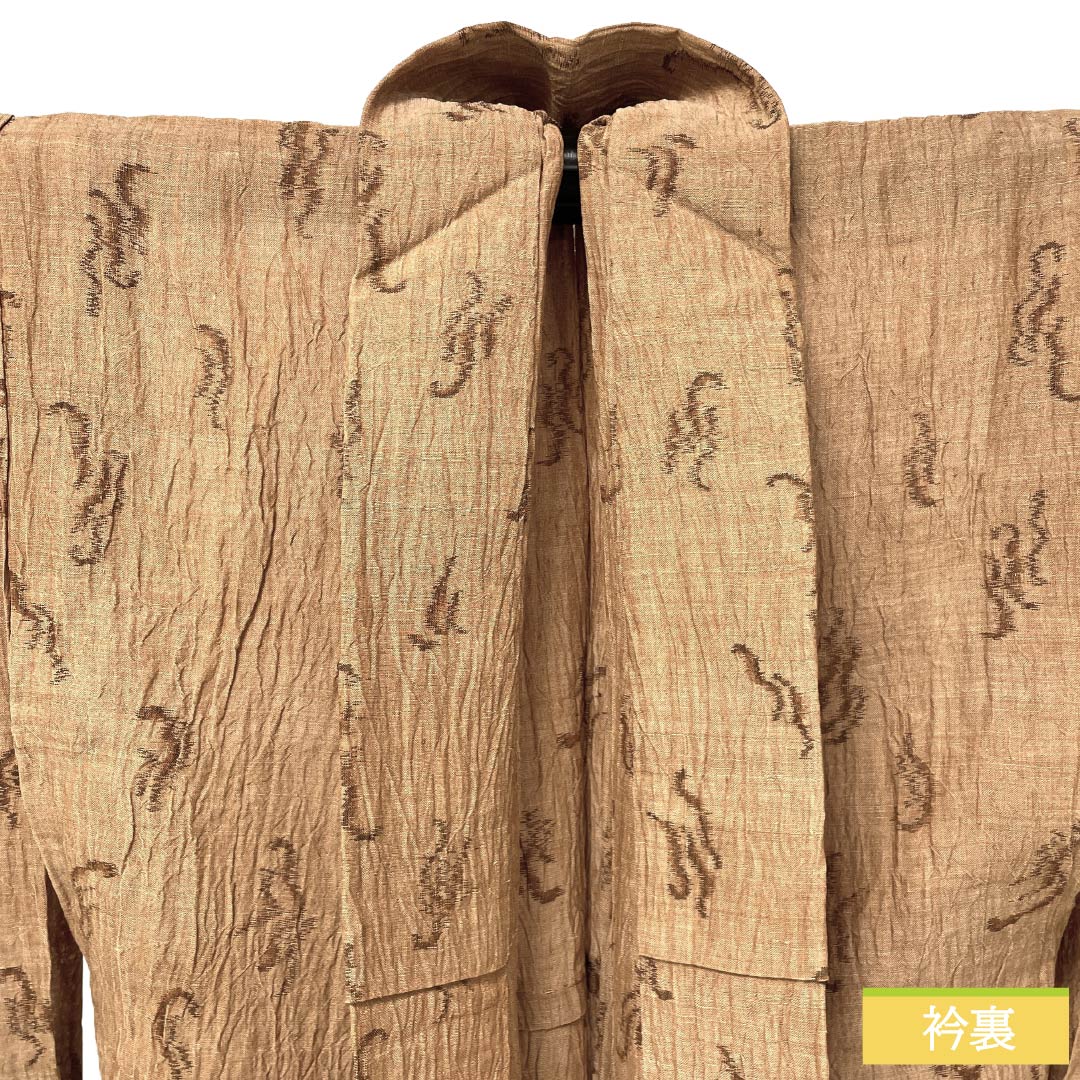 夏物 麻 紬 Sランク 身丈153.5cm 裄丈62cm 薄茶色(うすちゃいろ) 小千谷縮 抽象模様 紗 茶系 1132003792214
