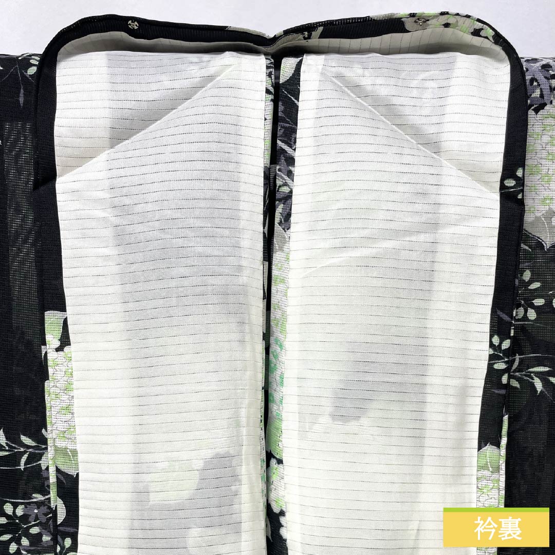 夏物 ポリエステル 小紋 身丈167cm 裄丈63.5cm 紫陽花 菖蒲 洗える着物 絽 Aランク 黒系 1132002283510