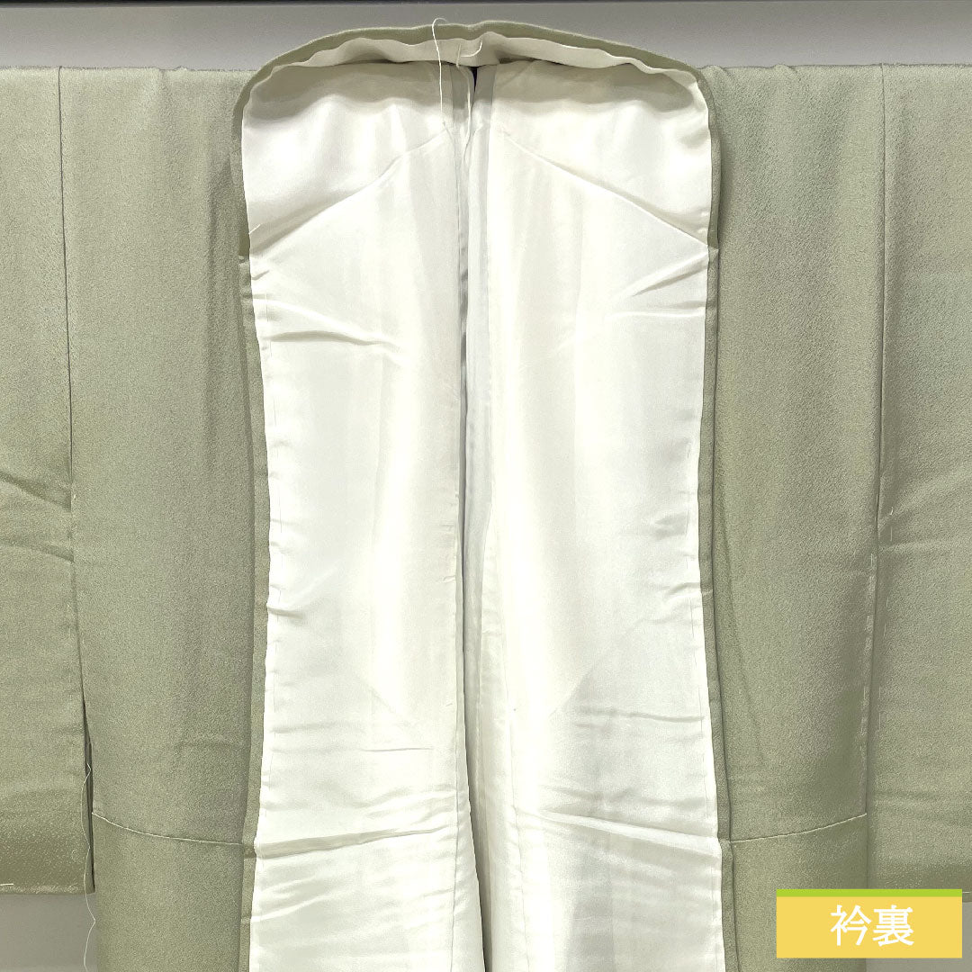 彩色留袖、纯丝、长度152cm、袖长63cm、里料、黄绿色和灰色、寿编织、山水纹、一个纹章、五葫芦和中国花图案圆圈、附缝纫线、未使用、S级、绿色、1111001342219