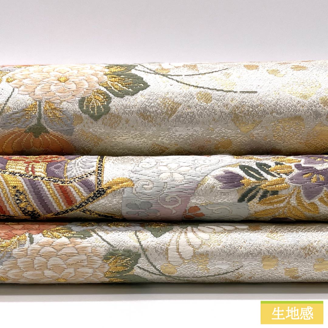 袋帯 正絹 御所車 留袖用 菊 松 牡丹 帯丈426cm Aランク 六通 フォーマル 金系 1123014673321