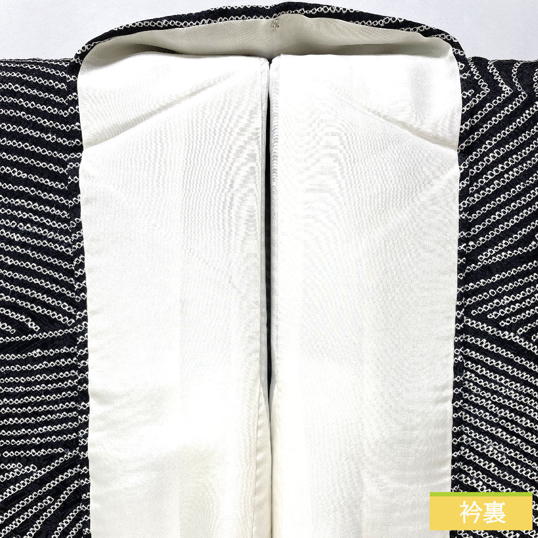 小紋 正絹 身丈171cm 裄丈67.5cm 袷 総絞り 波 Bランク 黒系 1115004724610