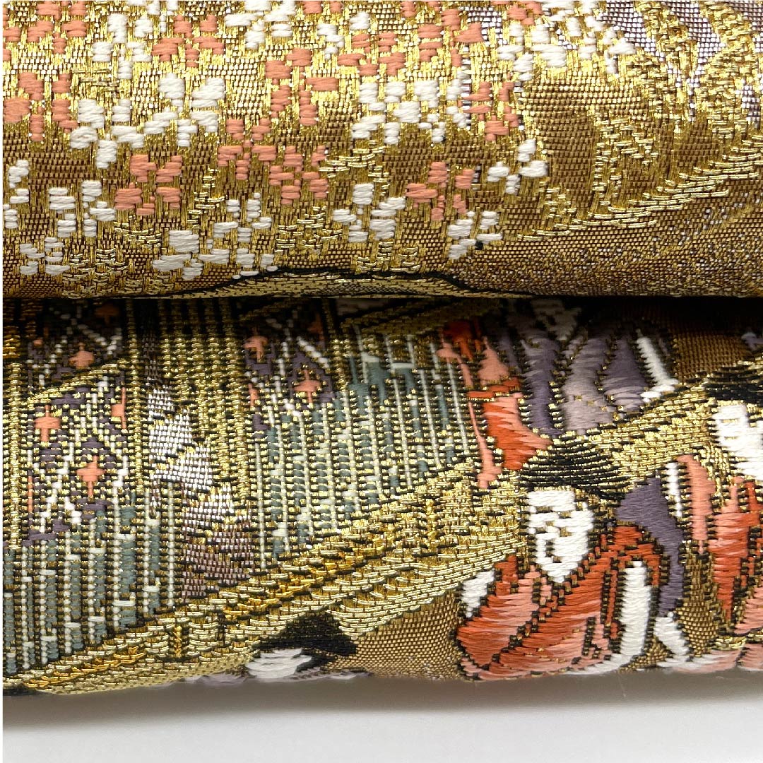 袋帯 金色 時代人物 時代風景 花模様 帯丈432cm 正絹 Aランク 六通 フォーマル 金系 1123006053321
