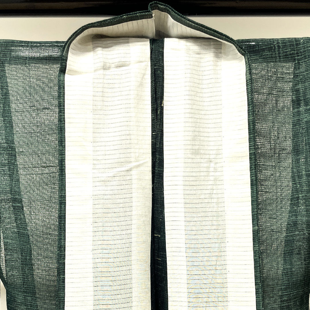 夏物 正絹 訪問着 身丈160cm 裄丈65cm 黒緑色(くろみどりいろ) 抽象模様 紬地 絽 Sランク 緑系 1132000572419