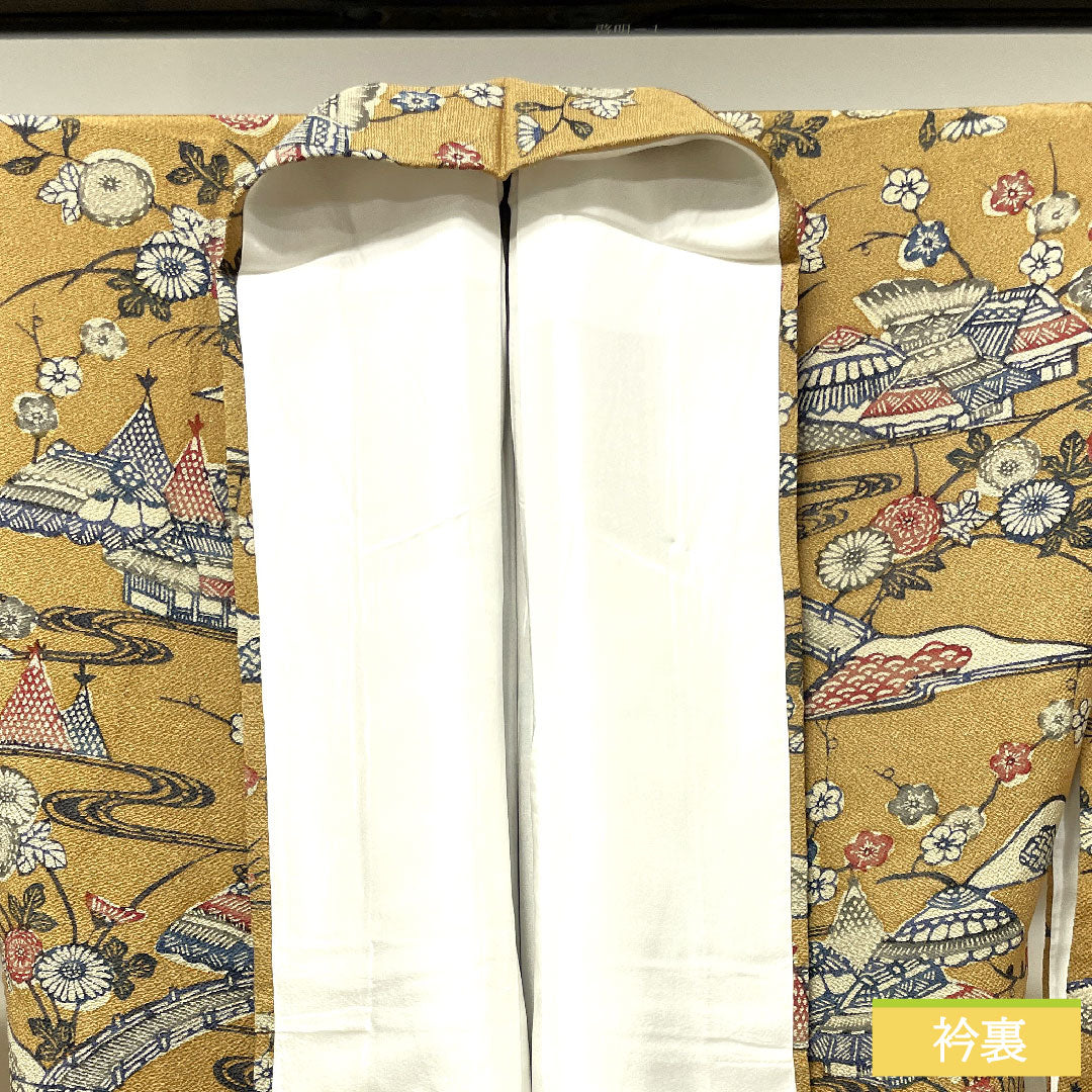 小紋 正絹 身丈154.5cm 裄丈67cm 袷 猟虎色 京紅型 茶屋辻 しつけ糸付き Sランク 茶系 1115003702214