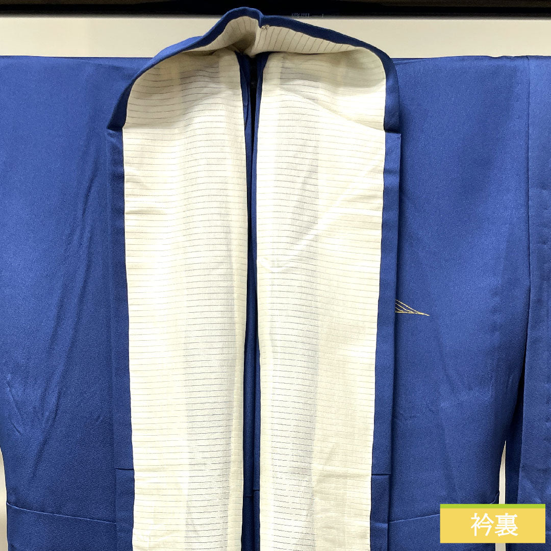 訪問着 正絹 単衣 身丈154.5cm 裄丈63.5cm 濃桔梗色 金彩加工 草花模様 Sランク 紺系 1112003352218