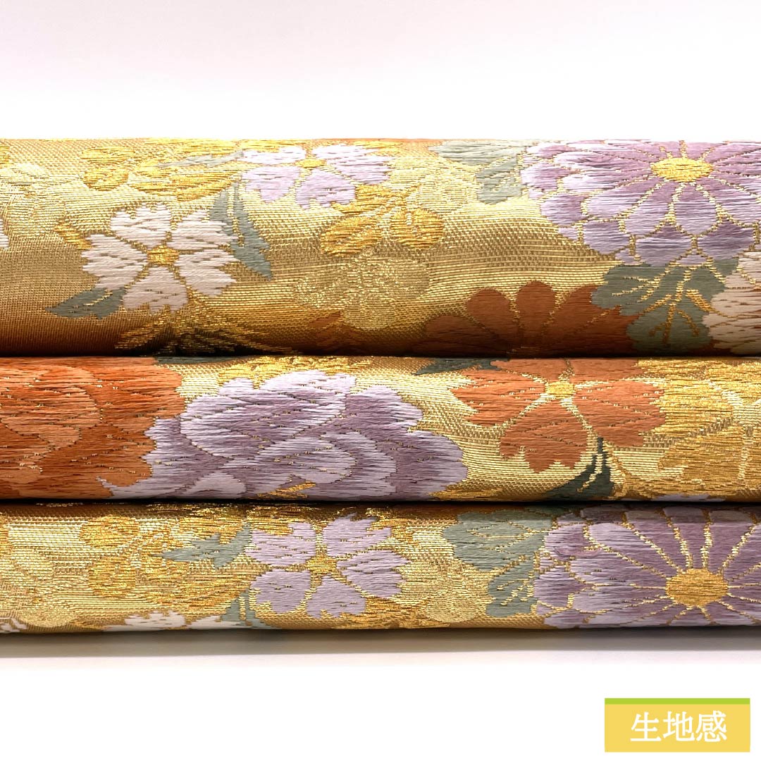 袋帯 正絹 留袖用 御所車 藤の花 牡丹 帯丈416cm Sランク 六通 フォーマル 金系 1123014512321