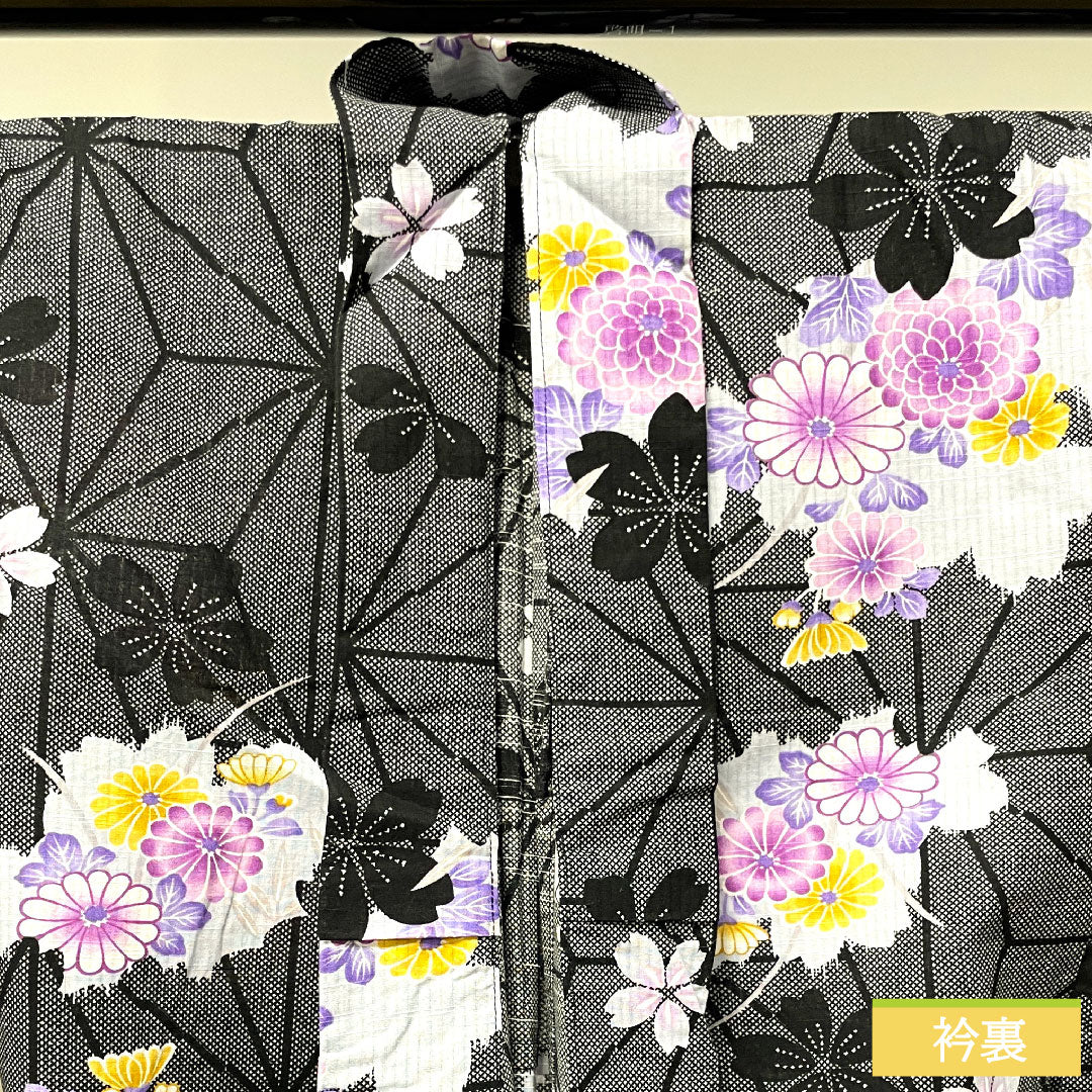 浴衣 木綿 身丈160cm 裄丈64cm Sランク 単衣 黒系 麻の葉 菊 桜 1118004532410
