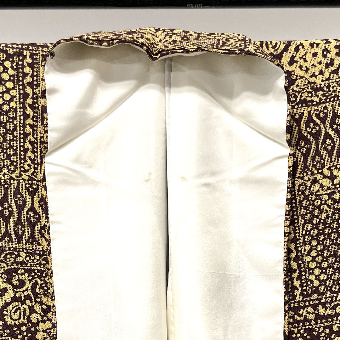 Komon, Length 156cm, Sleeve length 63.5cm, Awase, Iron black, Abstract pattern, Pure silk, S rank, Brown, 1115003422314