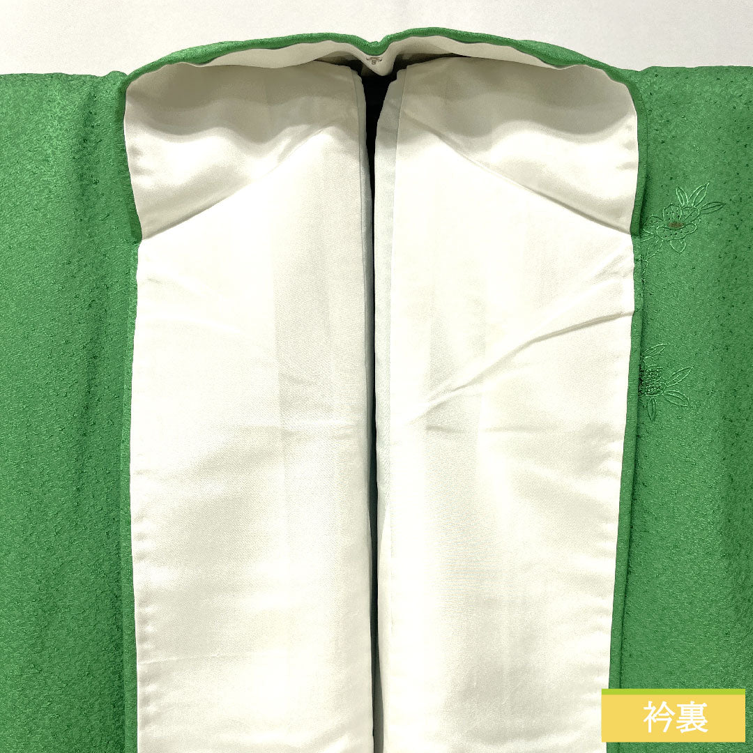 訪問着 正絹 袷 身丈157.5cm 裄丈62.5cm 草緑色(くさみどりいろ) 汕頭刺繡 草花模様 スコッチガード Sランク 緑系 1112004992319