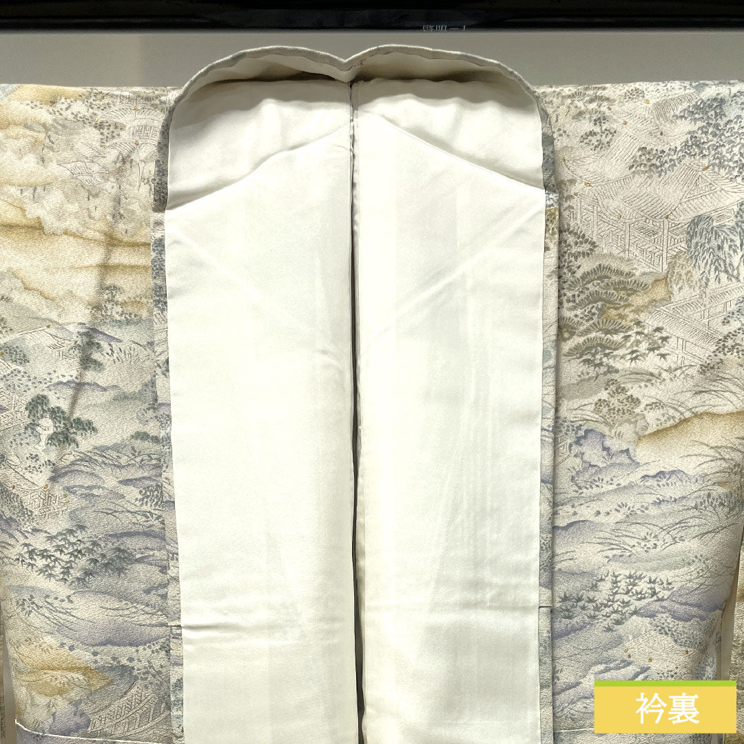 小紋 正絹 身丈159cm 裄丈65.5cm 袷 銀白色 風景模様 しつけ糸付き 未使用品 Sランク グレー系 1115003722322