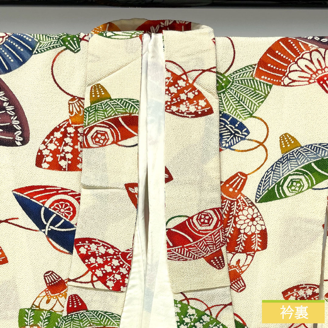 Furisode, pure silk, length 157cm, sleeve length 64cm, lined, milky white, Kyoto Bingata, auspicious motif, small furisode, two-shaku sleeve, A rank, cream color, 1113002003315