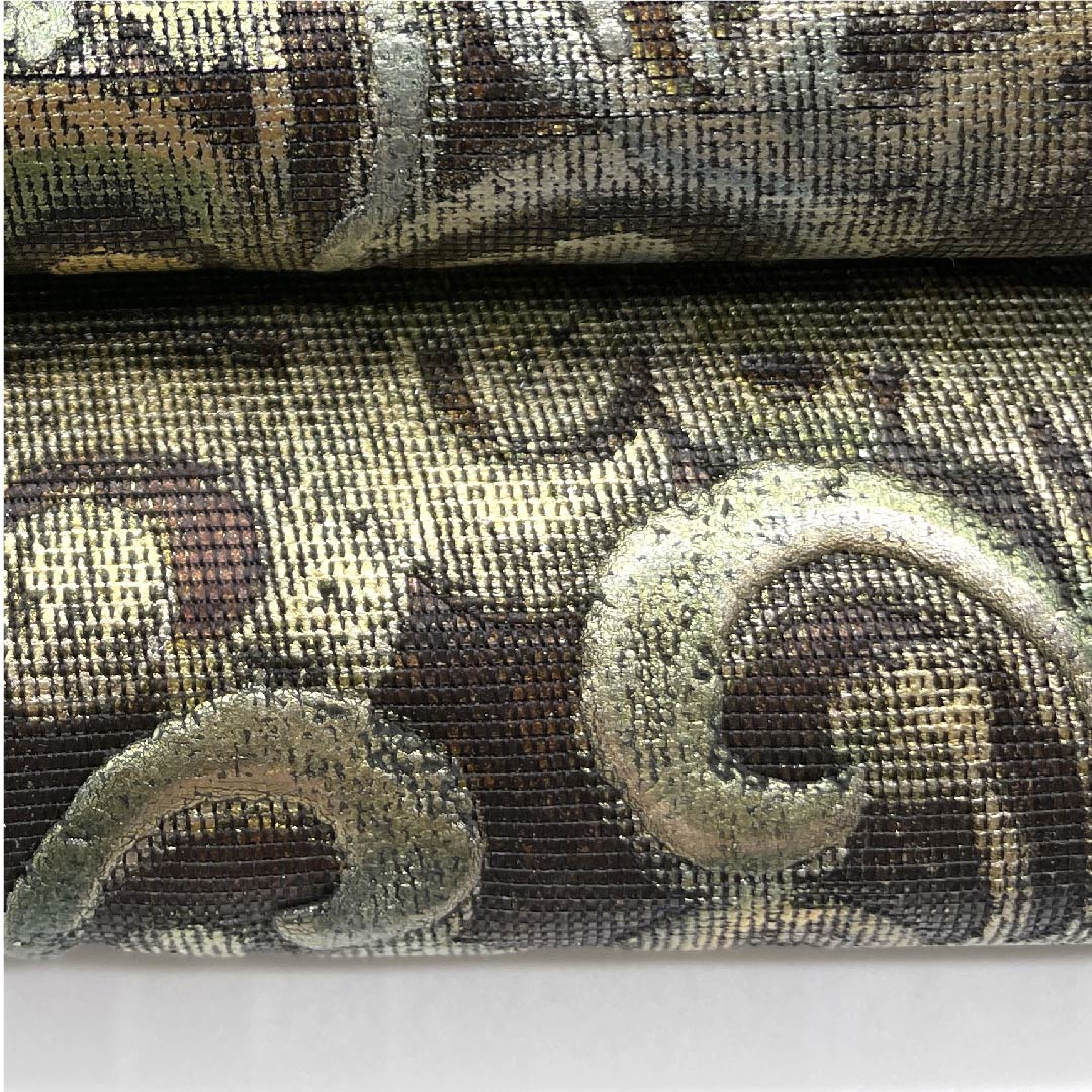 (未仕立)袋帯 憲房色(けんぼういろ) 金唐皮(きんからかわ) 抽象模様 帯丈478cm 正絹 Sランク 六通 フォーマル 茶系 1123006082414
