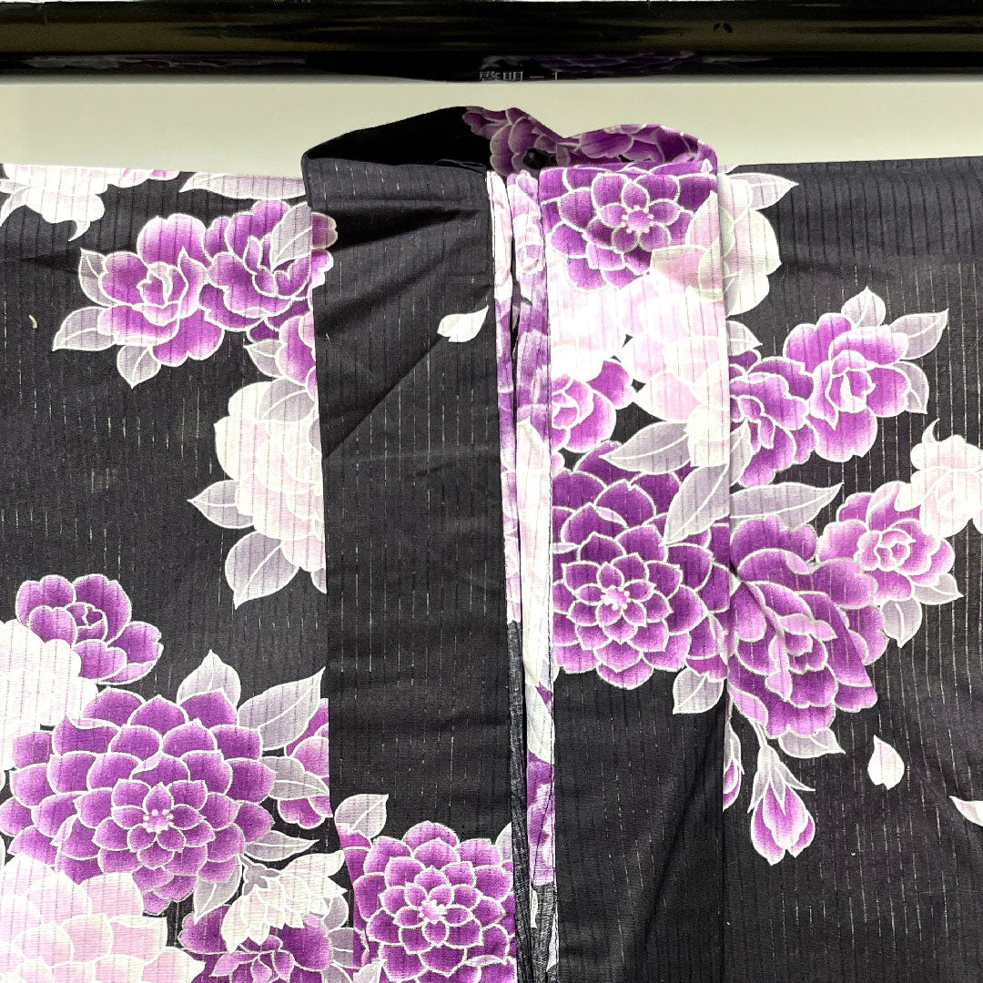 Yukata, Chrysanthemum, Rose, Cotton, S Rank, Single Layer, Length 165.5cm, Sleeve Length 66.5cm, Black, 1118001372510